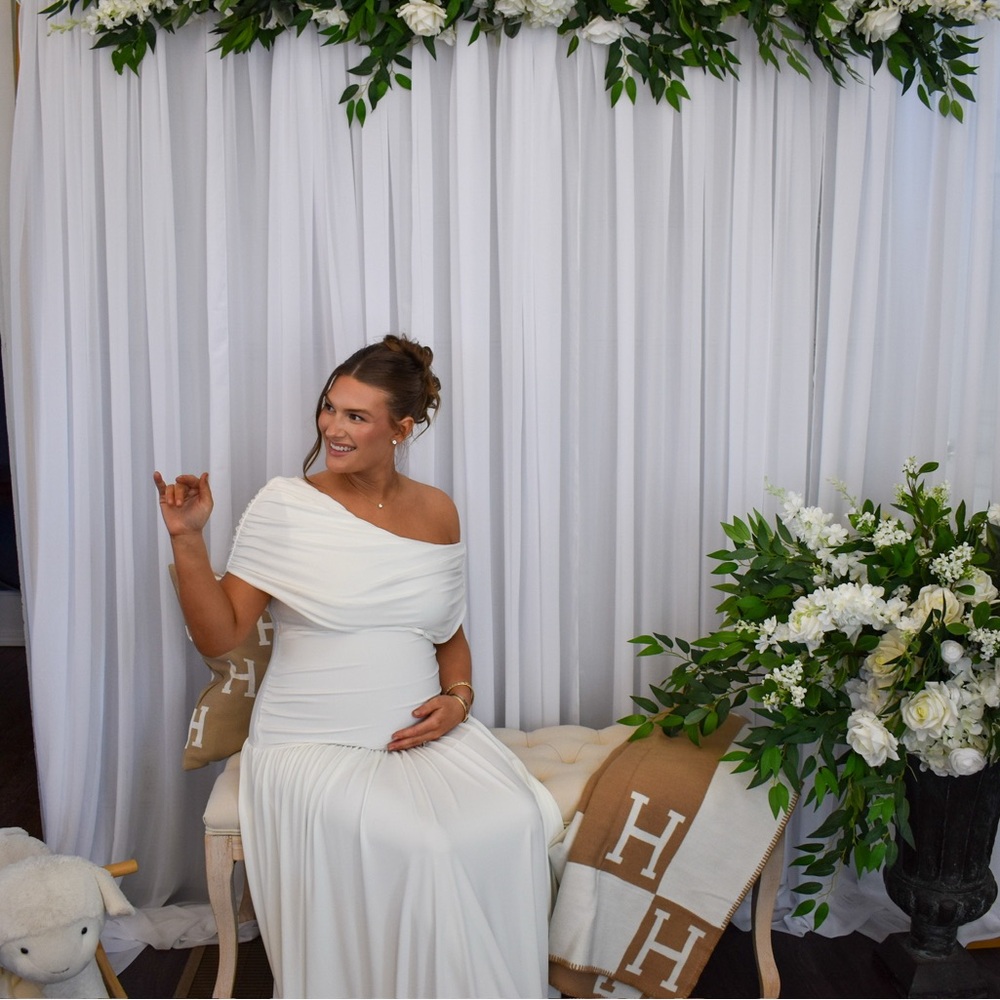 White Asymmetric-Neck Maternity Maxi Dress With Drop-Waist - Picture 3 of 9
